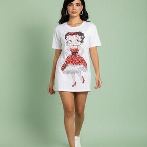 Betty Boop Graphic Tee Womens Size M / L White Rhinestone Beaded Crew Neck